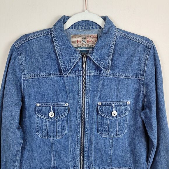 VTG Express Jacket Womens Medium Blue Denim Jean Zip Collared 90s Short Collared - Picture 3 of 10
